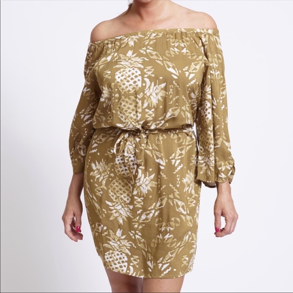 Margaritaville Dresses & Skirts - Khaki Pineapple Print Off Shoulder Dress